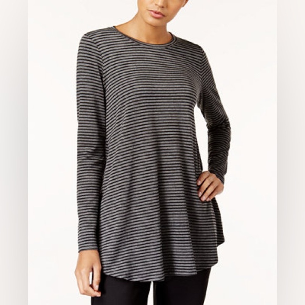 Eileen Fisher Black Grey Striped Long-Sleeve Tunic Minimalist Preppy Size XXS